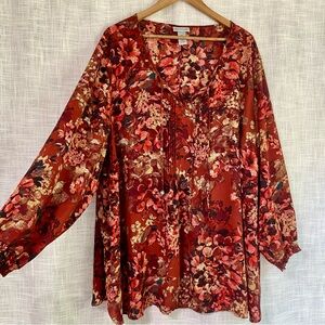 Catherine's Floral Print 3/4 Sleeve Popover Blouse Burgundy Size 4X
